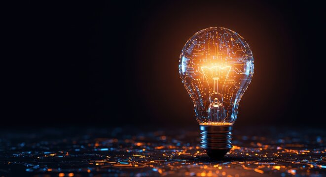 Lightbulb glows brightly against dark background with abstract city lights below.