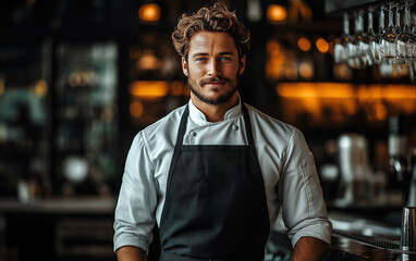 Fototapeta premium Chef kitchen apron. Chef cook in uniform, kitchen apron, protective apparel, culinary environment, food service setting, chef in kitchen interior, apron mock-up. Realistic style photo.