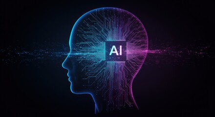 Artificial intelligence head silhouette with glowing ai text and circuit board lines.