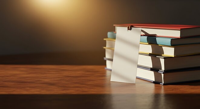 Illuminated stack of colorful books with blank bookmark ready for personalized message or text on