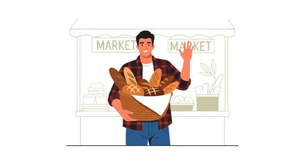 Obraz premium Cheerful Man Carrying Basket Full Of Bread On Market Place Vector Illustration
