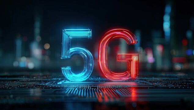 Futuristic 5G network illuminated over cityscape