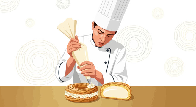 Elegant Pastry Chef Decorating Cream Puffs With Precision Vector Illustration