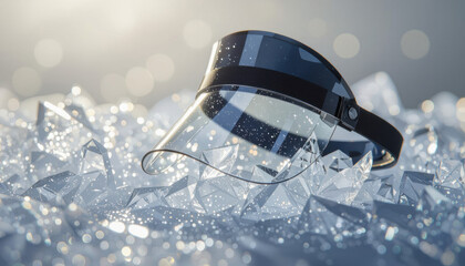 Clear visor resting on ice cubes with sparkling background  
