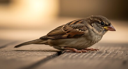 Close-up of a small sparrow with detailed feathers perched on wooden planks