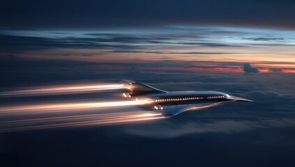 Futuristic jet plane soaring above clouds at sunset