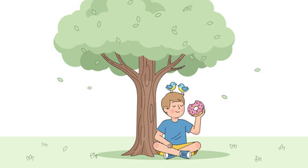 Enjoying Donut Under Tree With Bird Cartoon Illustration For Children