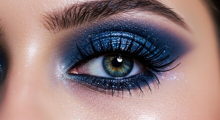 Fototapeta premium Close-up of a woman's eye with dramatic, sparkling navy blue eyeshadow and long lashes