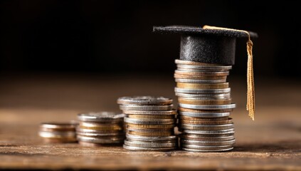 Stacked coins, graduation cap