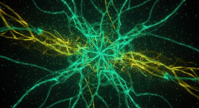 Abstract fractal art with green and yellow branching lines on a dark background.