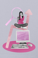 Art image vertical photo collage of happy businesswoman freelancer sit pc monitor magnifier zoom...