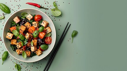 Sage Green Background Tofu Stir Fry with Sesame