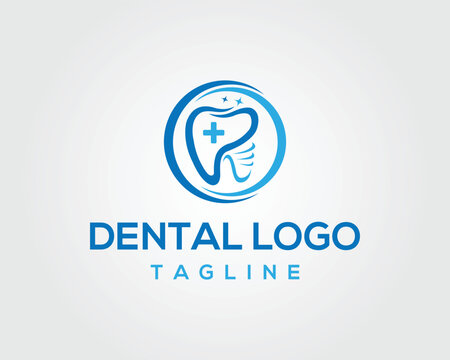 Modern dental logo design with tooth icon and plus sign vector template