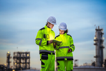 Industrial Engineers Using Digital Technology to Coordinate at Worksite, Team of Professionals Discussing Project Plans at Site, Worker and Engineer Collaborating on Industrial Operations at Sunset