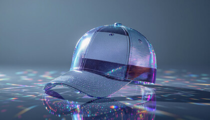 Reflective baseball cap on abstract background with colorful lights  