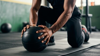 A person performs a workout with a black medicine ball, focusing on strength training in a gym environment.