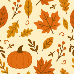 Nice thanksgiving autumn Rustling Autumn Charm seamless pattern with leaves, pumpkins