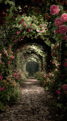 Obraz premium Enchanting rose garden pathway serene nature photography vibrant floral environment captivating perspective
