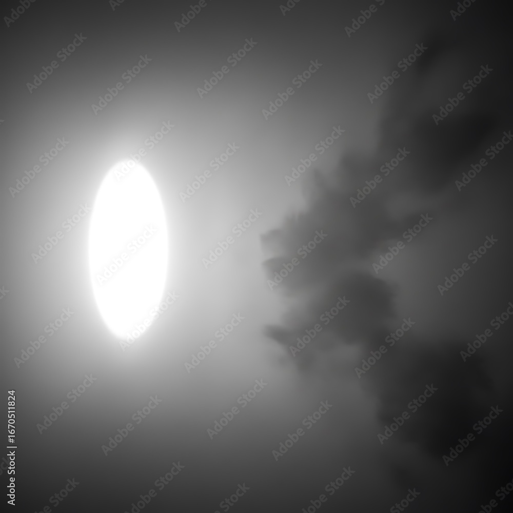 Poster abstract black and white image features soft focus glowing orb surrounded by cloud-like textures