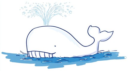 Cartoon-style whale illustration with water splashing from spout, bold outlines and minimal details on clean white background, child-friendly design for education and coloring