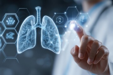 A doctor's hand interacts with a holographic representation of lungs overlaid with medical data