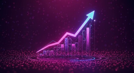 Glowing upward arrow and bar graph on a textured dark purple background.
