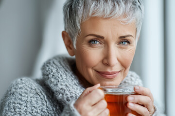 Woman with short gray hair holding herbal tea natural daylight portrait