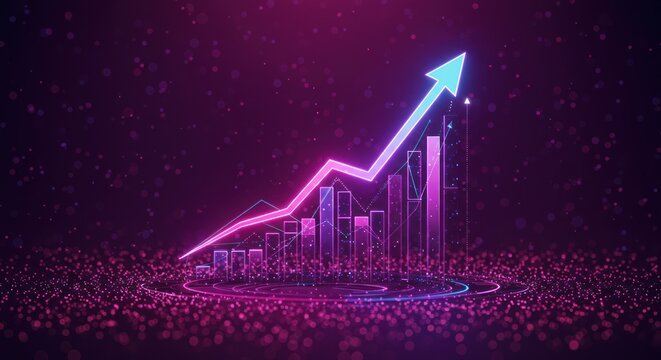 Glowing upward arrow and bar graph on a textured dark purple background.