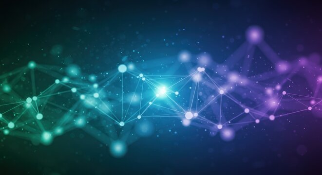 Abstract network of connected nodes with blue green and purple gradient background.