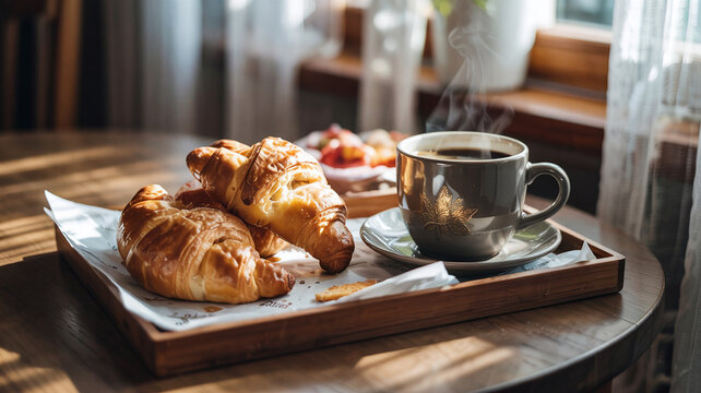 A tray with warm croissants and coffee arrives as sulight streams through curtins