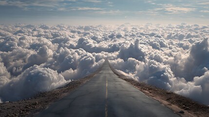 Road to Higher Aspirations: An endless, asphalt road winds through an ethereal sea of fluffy, white clouds, leading towards a horizon of limitless possibilities and new beginning. 
