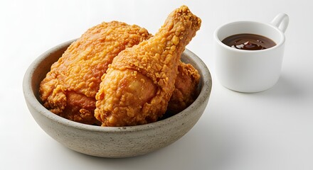 portion of fried chicken in bowl with sauce on the side, white isolated background