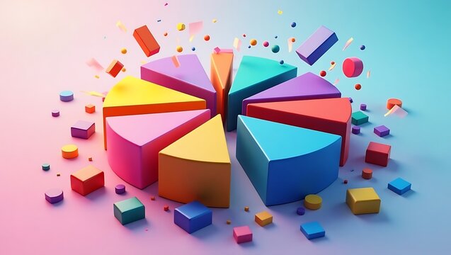 Colorful 3d pie chart with scattered cubes on a gradient background