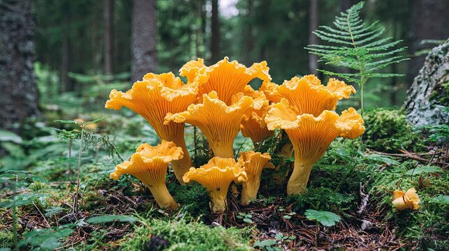 Cluster of golden chanterelle mushrooms growing on mossy forest ground with green plants and ferns