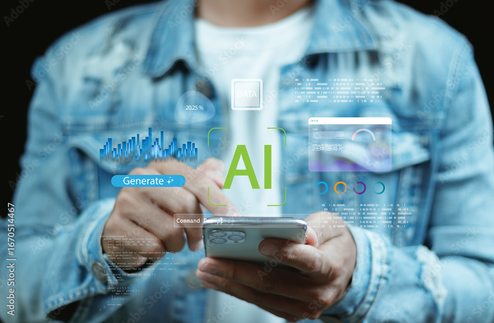 Poster close-up hands typing on smartphones with ai generation interface, showing command prompt, data proc