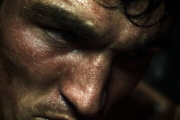 Obraz premium A close-up shot of a sweaty man's face, with a focused and determined expression. The image conveys the intense effort, pain, and dedication of a challenging workout or fight.