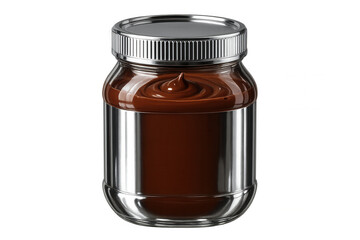 Glass jar with chocolate hazelnut spread and silver label, isolated on transparent background, perfect for advertising and marketing