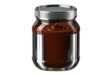Glass jar with chocolate hazelnut spread and silver label, isolated on transparent background, perfect for advertising and marketing