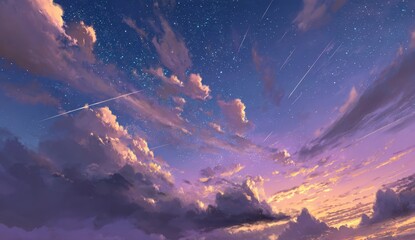 A vibrant sunset sky filled with clouds and shooting stars