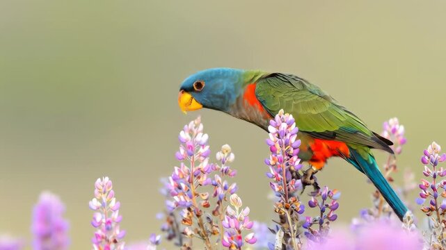 Colorful parrot feasting on lupines