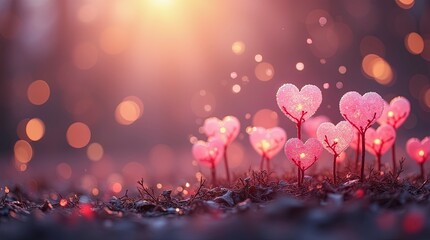 A dreamy magical scene with glowing crystal-like pink hearts growing from delicate thin branches with romantic and festive fireworks background with bursts of pink, red, and gold fill the air.