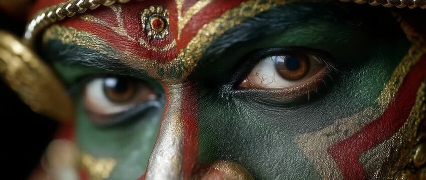 Kerala Kathakali dancer standing with heavy makeup and completely clothed