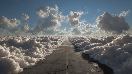 Road Through Heaven: An image portrays an endless journey with a long, open road stretches through a sea of fluffy clouds beneath a vivid sky. Capture a surreal and hopeful scene.
