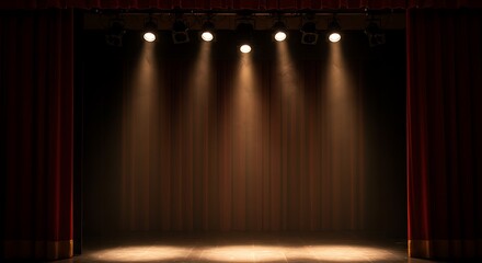 Empty theater stage with red curtains and spotlights, ready for performance