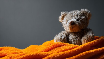 Adorable teddy bear comfortably resting on a cozy bright orange blanket with soft lighting