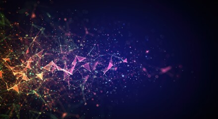 Abstract colorful network of connected lines and dots on a dark background.