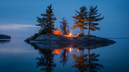 Nighttime Serenity: An intimate scene of a cozy campsite on a small island, with an illuminated tent, a crackling campfire, and serene reflections in the calm waters under a twilight sky. 