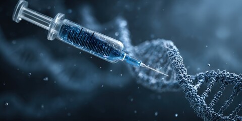 Syringe injecting DNA. Medical, futuristic