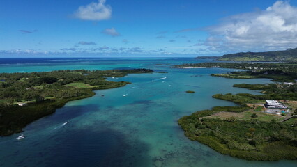 4K Drone flight above the beautiful dream vacation destination île aux cerf in Mauritius 