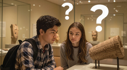 Teenagers thinking in museum with question marks